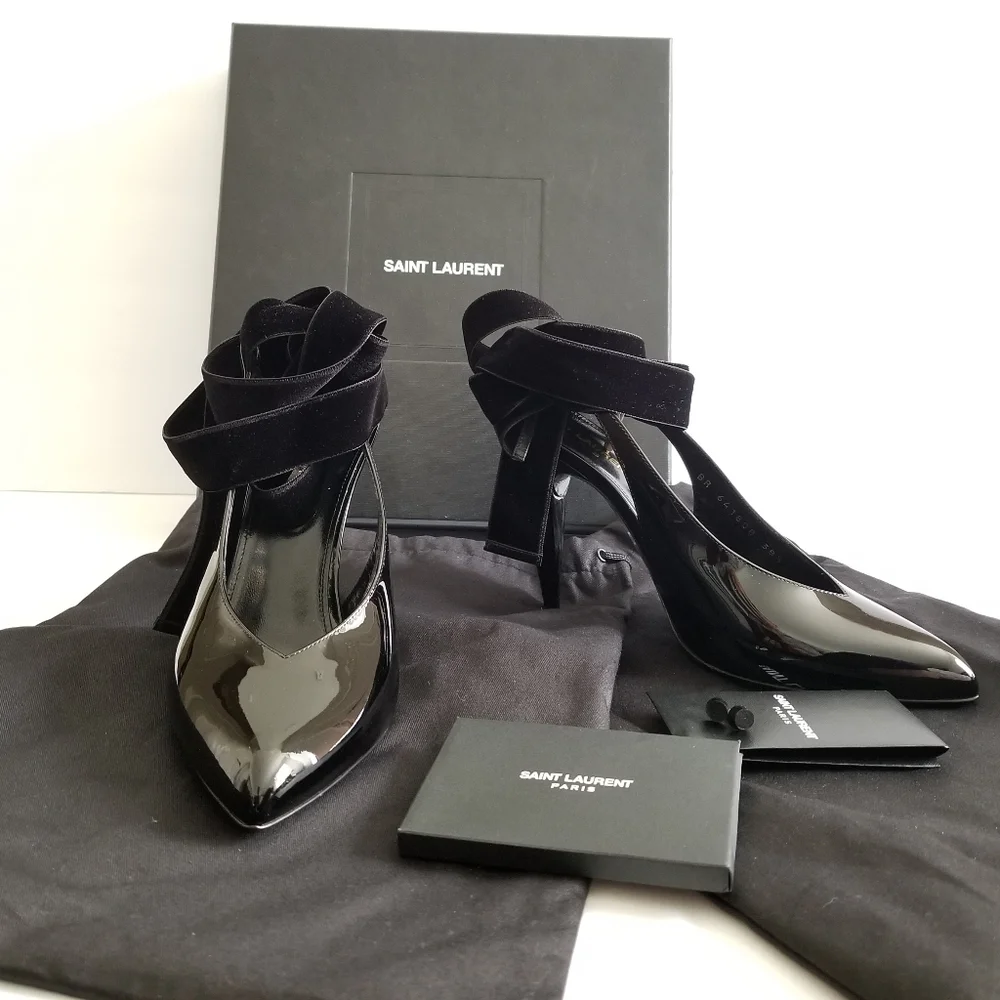 Saint Laurent Patent Leather Slingback Pointed Toe Lace Up Pumps Size 38… - Picture 12 of 12